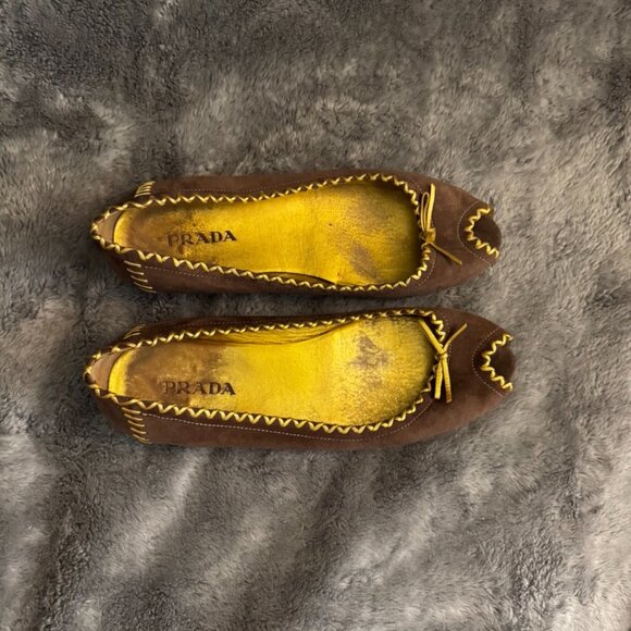Authenticated Prada Peep Toe Ballet Flats Brown & Gold Size 39.5 / US 9.5 - Picture 3 of 16